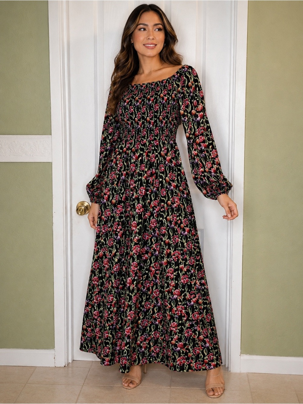 Black Floral Smocked Maxi Dress with Long Sleeves NEW
